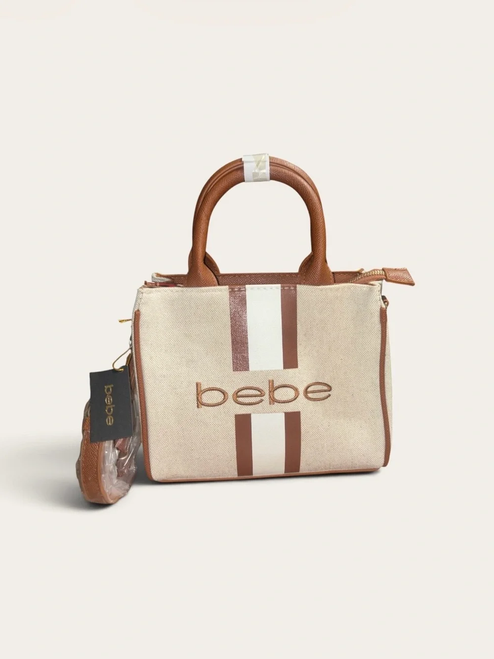 bebe Beige and Brown Logo Stripe Satchel